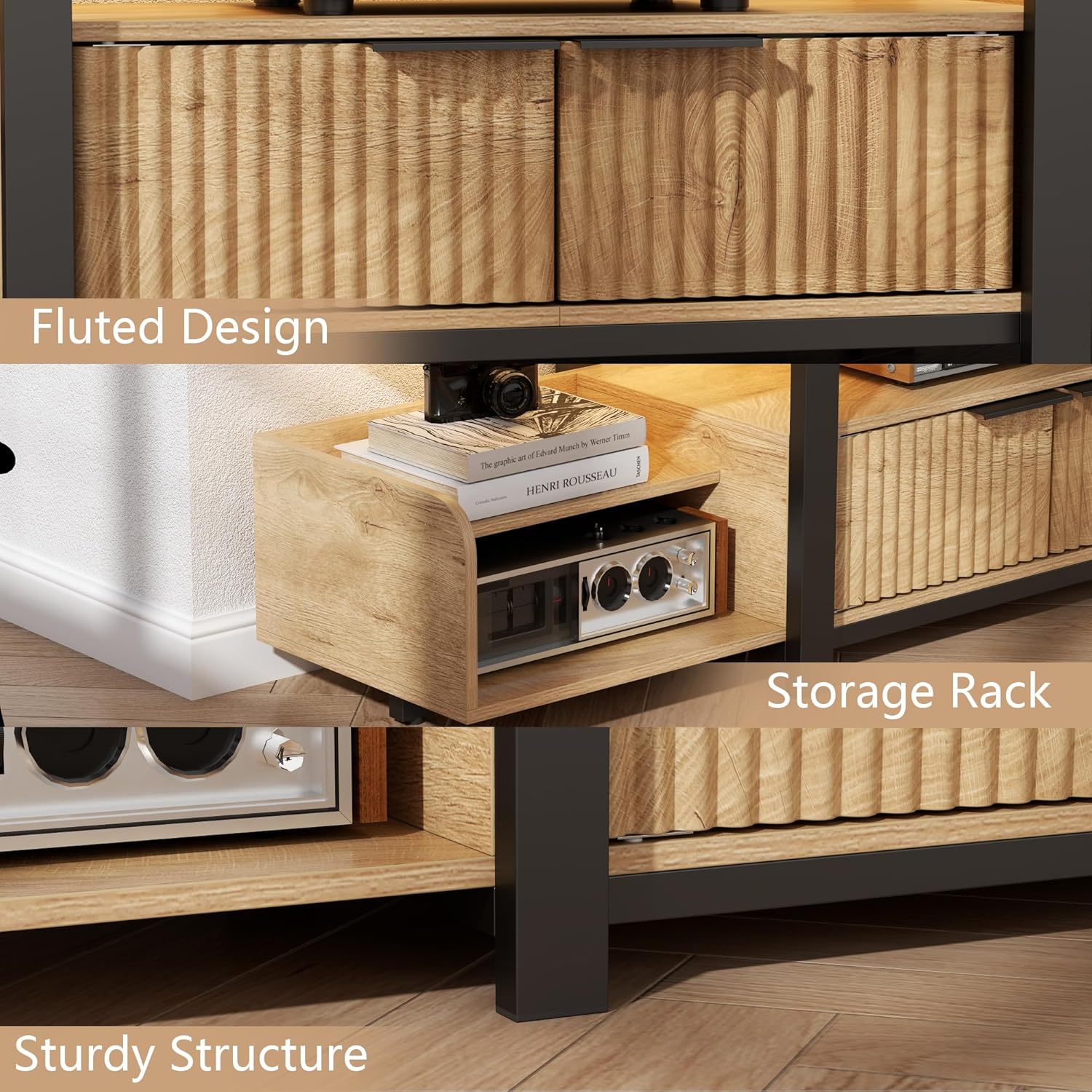 TV Stand with LED Lights and Storage cabinet for TVs up to 55"/65'', Modern Entertainment Center with Open Shelf, TV Cabinet, Media Console Table with Fluted Doors for Living Room, Bedroom, Oak