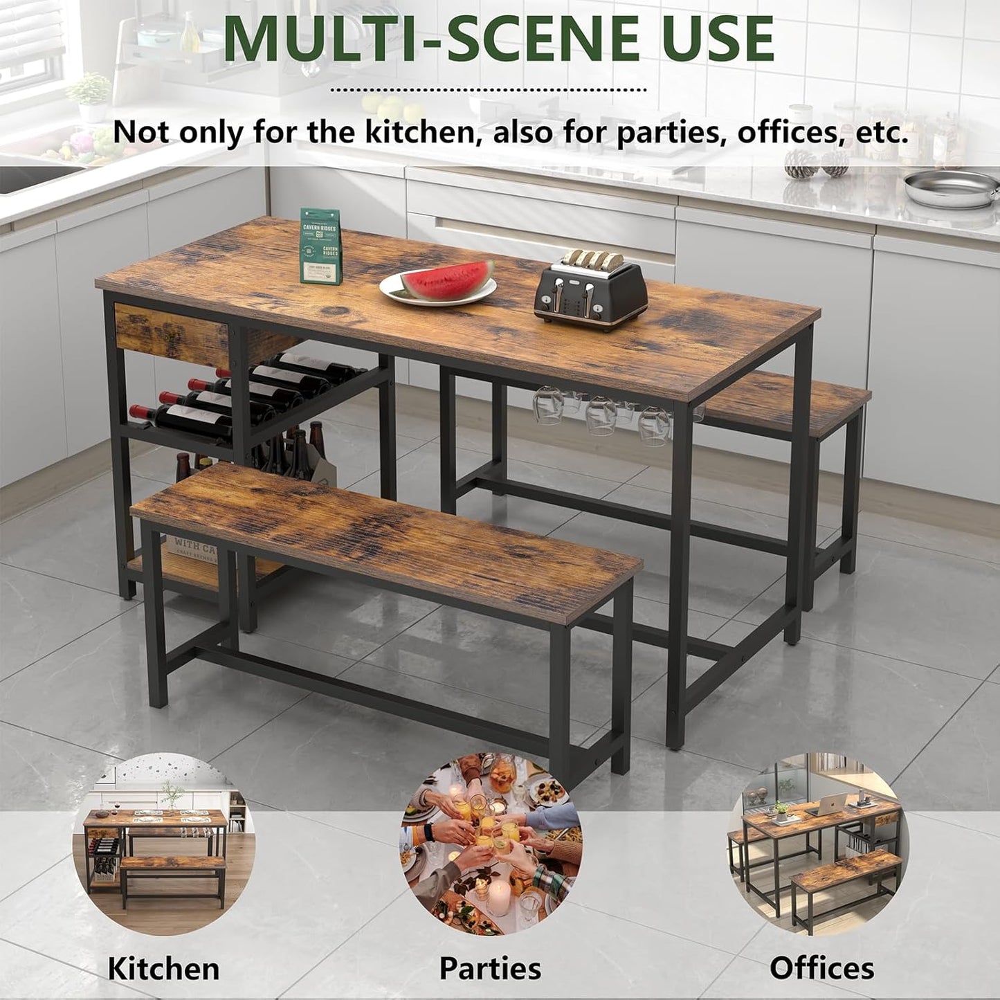 Dining Table Set for 4-6 People, 54.7" Kitchen Dinner Table with 2 Bench, Dining Room Tables Set with Storage Drawer & Shelf, 3-Piece Breakfast Nook Tables with Wine Rack &Glass Holder (Rustic)