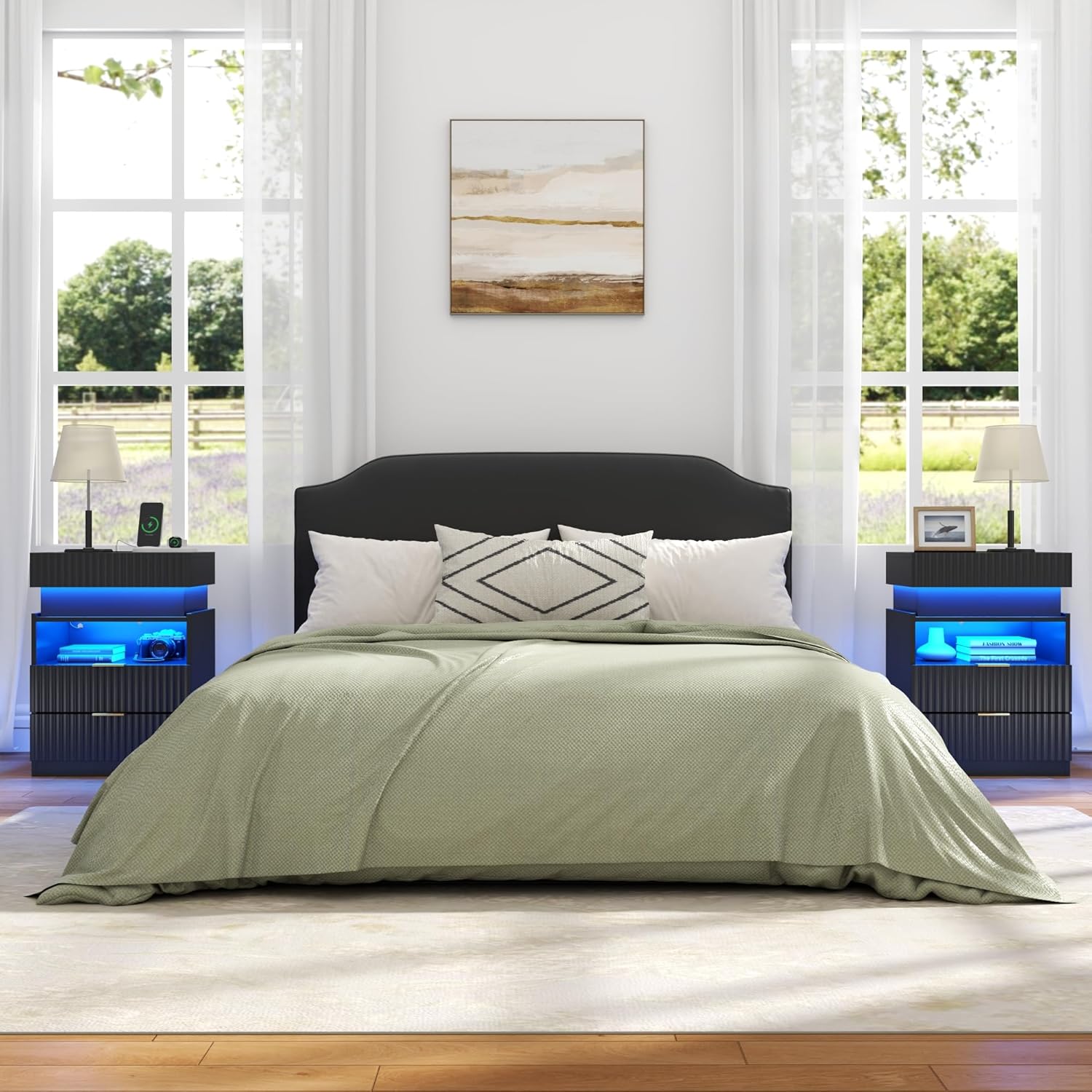 Nightstand Set of 2 with Charging Station and LED Lights, Fluted Night Stand with 2 Drawers &Open Shelf,Modern Bedside Table w/Hidden Compartment for Bedroom,End Side Table for Living Room (2, Black)