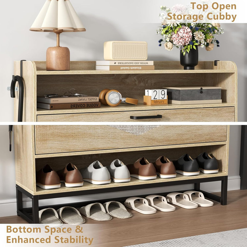 Shoe Cabinet with 2 Flip Drawers, Free Standing Shoe Storage Organizer Cabinet with Rattan Doors for Entryway, Narrow Shoe Rack Cabinet (Natural)