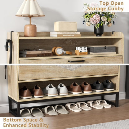 Shoe Cabinet with 2 Flip Drawers, Free Standing Shoe Storage Organizer Cabinet with Rattan Doors for Entryway, Narrow Shoe Rack Cabinet (Natural)