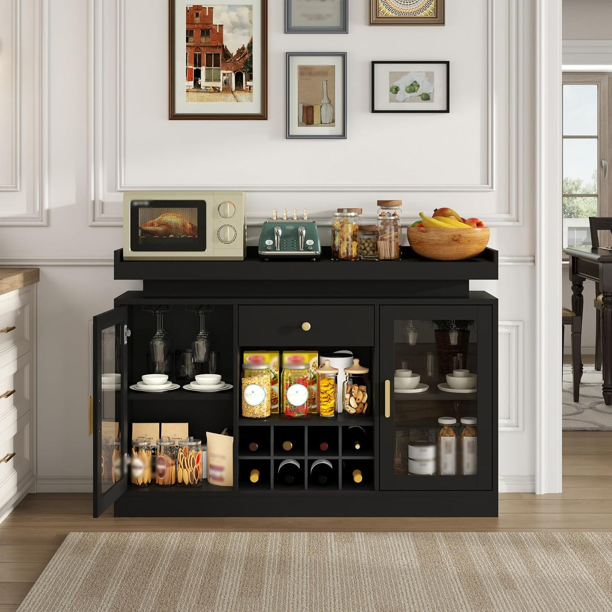 Wine Bar Cabinet with Led, Black Liquor Cabinet with Wine & Glass Rack