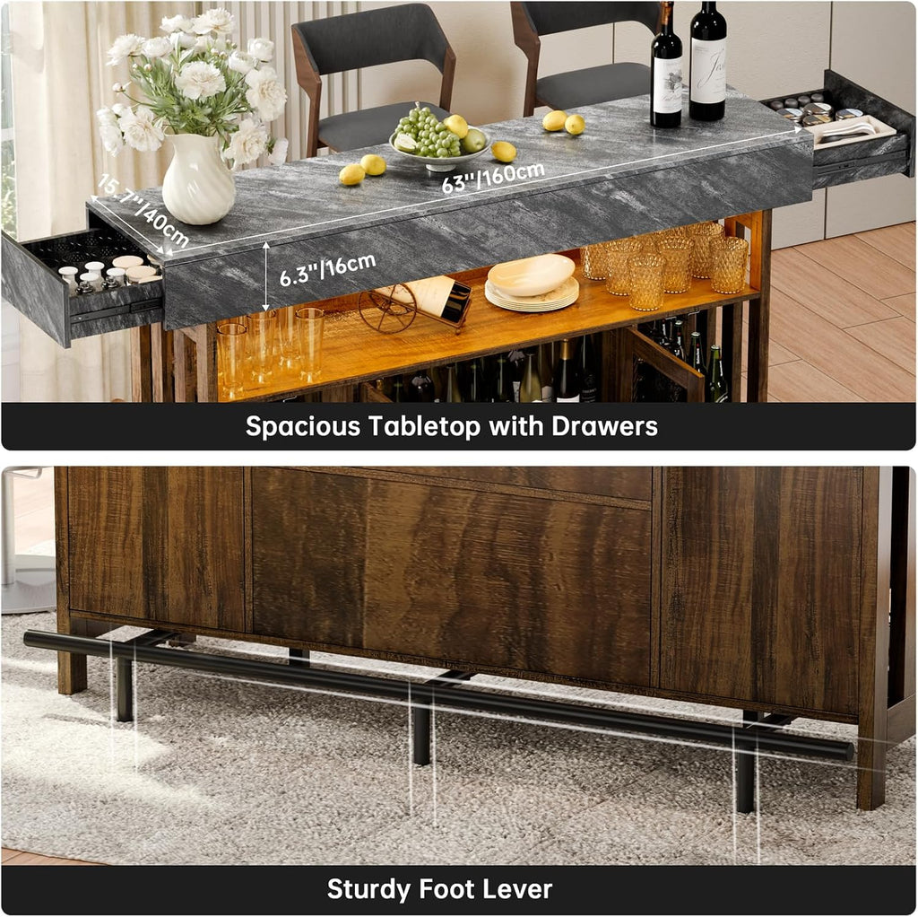 4-Tier Home Bar Unit, 63-Inch Wooden & Dark Gray Marble Bar Cabinet, LED Liquor Bars Station with Footrest, Wine Rack, Cabinet Door and 2 Drawers, Modern Bars Table with Storage for Home, Pub (Brown)