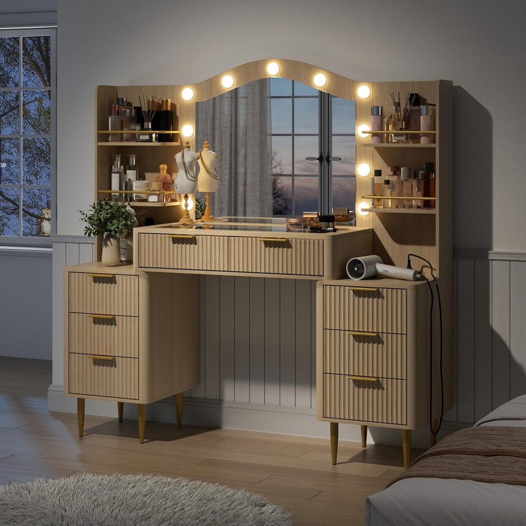 55" Big Fluted Vanity Desk with Mirror and Lights,Makeup Vanity with 8 Storage Drawers and 4 Storage Shelves,Glass Top & Power Outlet,3 Lighting Modes,Dressing Table for Women Girls Bedroom,Oak