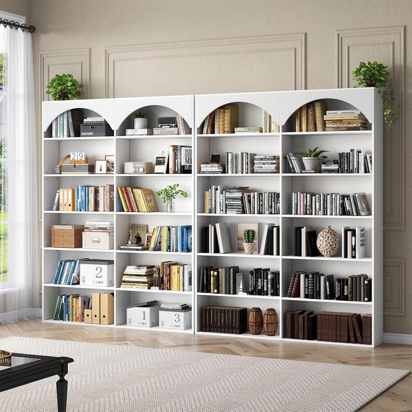 70.8’’ Tall Bookshelf and Bookcase of 2 pcs, 7-Tier Double Wide Bookcase Modern Large Open Display Shelves with Curved Baffle for Home Office Living Room (White-2pcs)