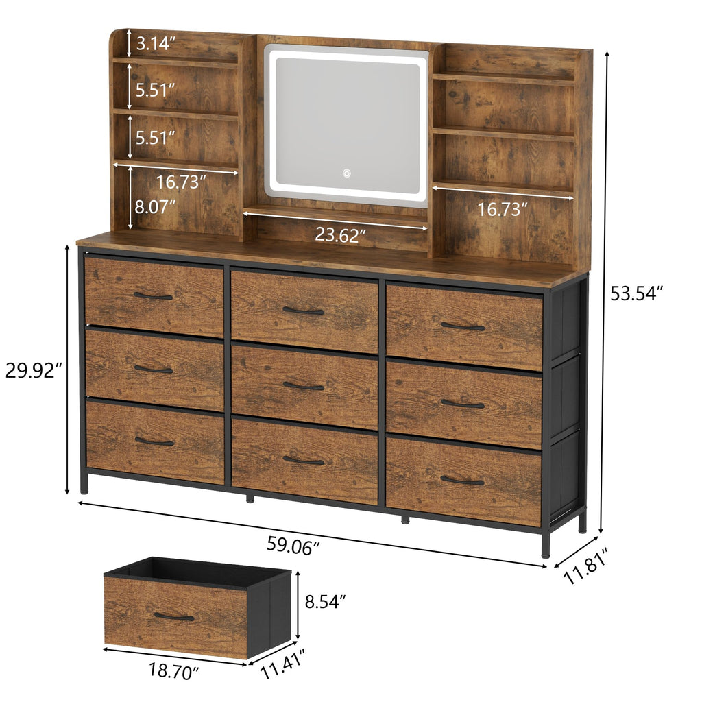 9 Drawers Dresser with LED Mirror for Bedroom, 59" W Chest of Drawers