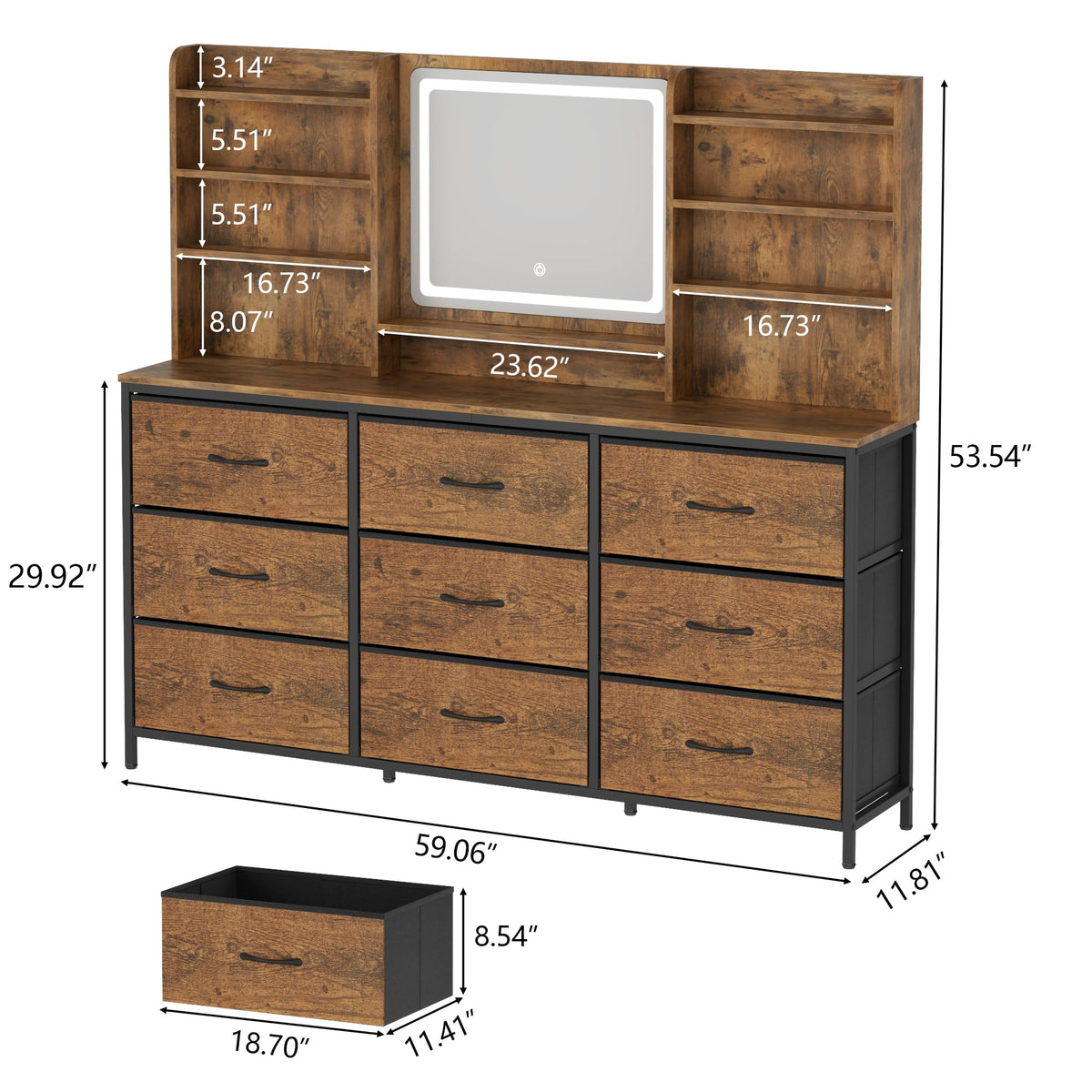 9 Drawers Dresser with LED Mirror for Bedroom, 59" W Chest of Drawers