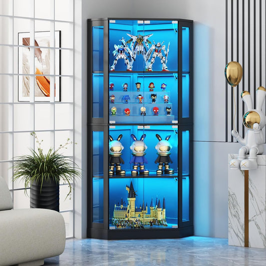 Corner Display Cabinet with Multi-Color LED Lights, Modern Curio Cabinet with Glass Doors, 4 Tier Glass Display Case for Toys, Books & Other Collectibles