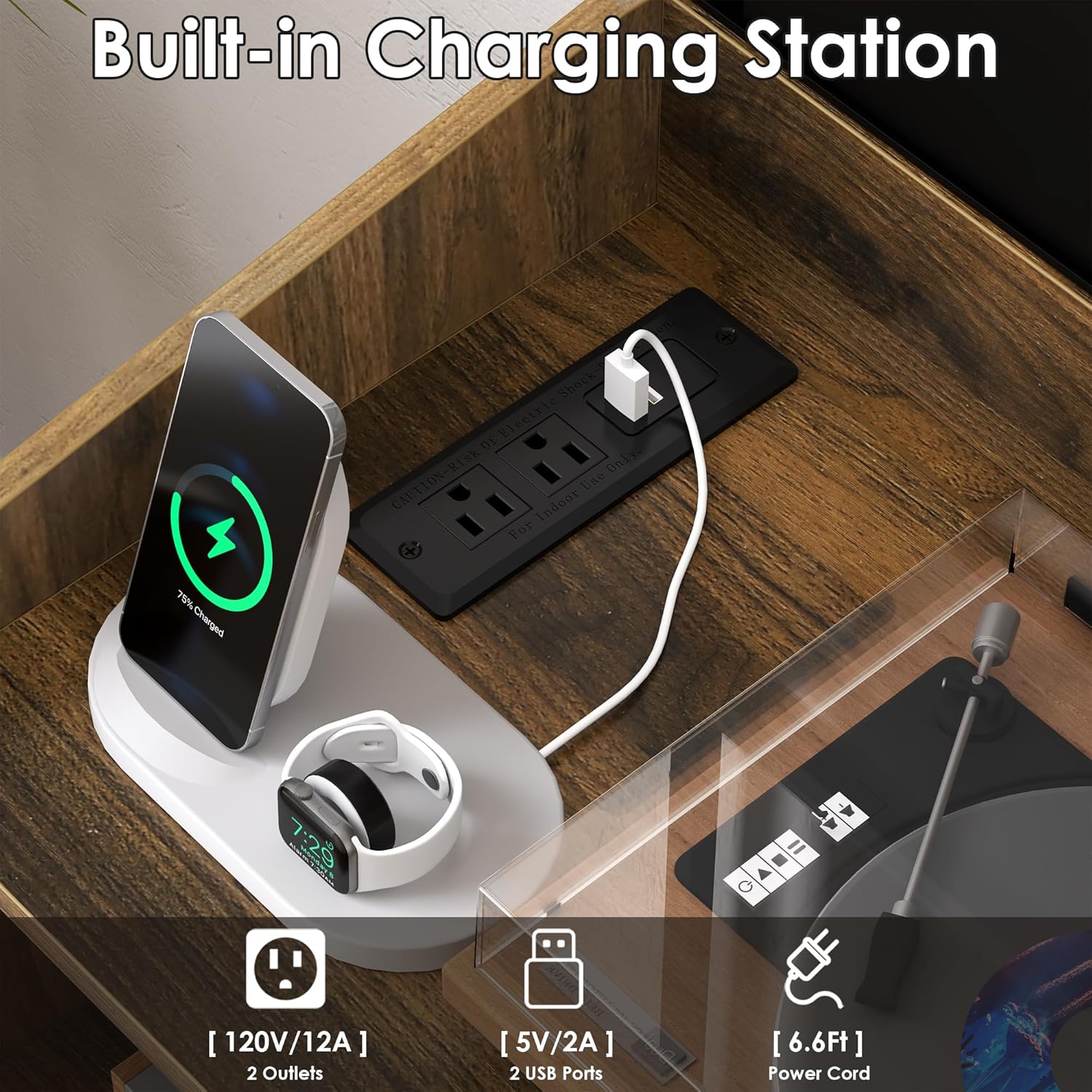 Upgraded Large Record Player Stand, Mid-Century Turntable Stand with Power Outlet, Large Record Player Table Holds Up to 500 Albums, Vinyl Storage Cabinet Display Shelf for Living Room (Walnut)