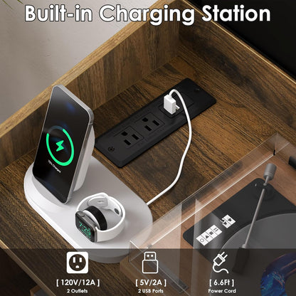 Upgraded Large Record Player Stand, Mid-Century Turntable Stand with Power Outlet, Large Record Player Table Holds Up to 500 Albums, Vinyl Storage Cabinet Display Shelf for Living Room (Walnut)