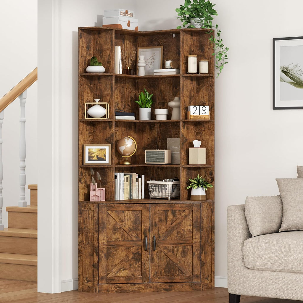 Corner Bookshelf with Doors, 6 Tier Corner Bookcase with Storage Cabinet