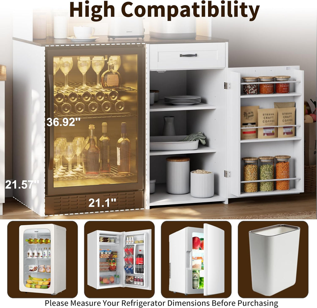 73'' Tall White Coffee Bar Cabinet with Fridge Space & Power Outlet & Led
