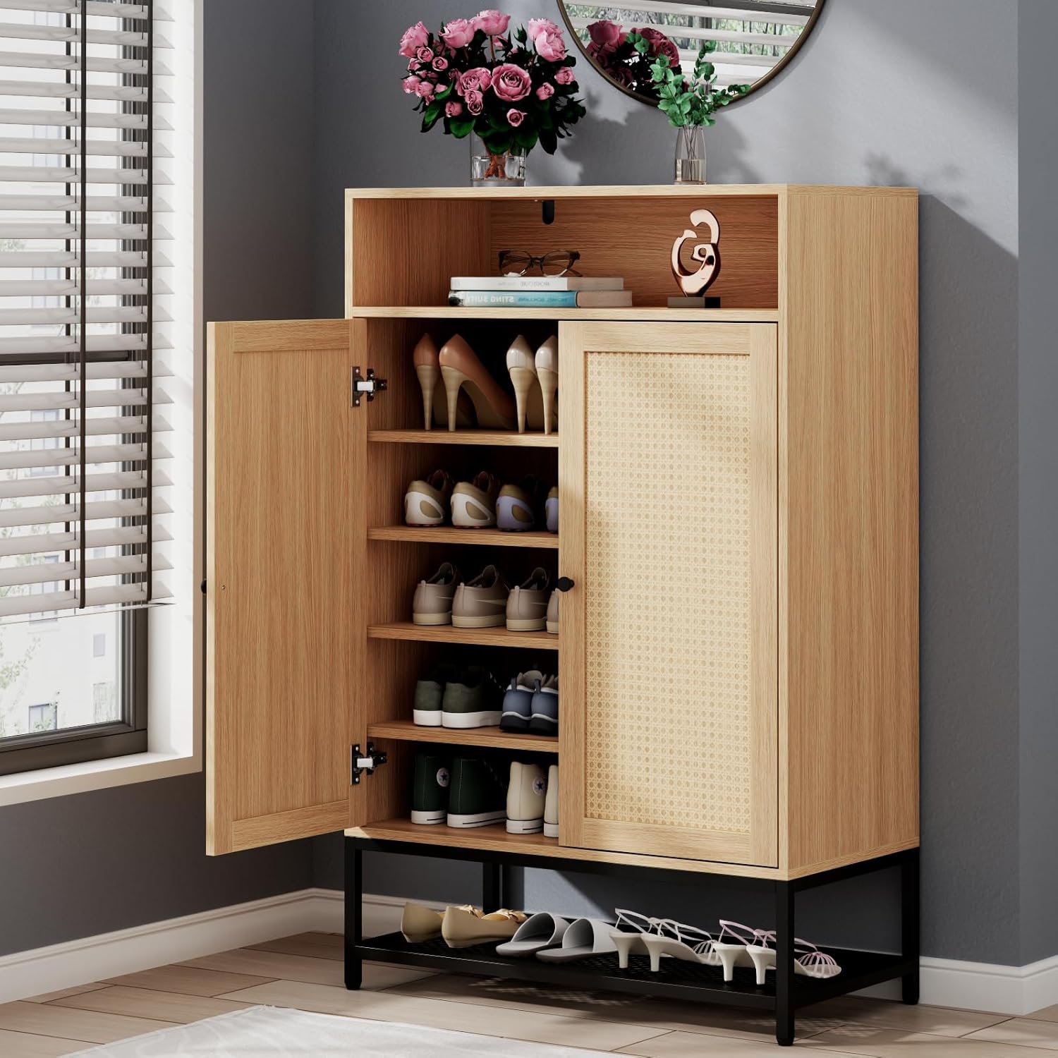 Natural Rattan Shoe Cabinet Entryway, 7-Tier Shoe Organizer with Doors, 46.54’’ Tall Shoe Rack Storage with Adjustable Shelves and Open Storage Space for Hallway, Closet (Natural)