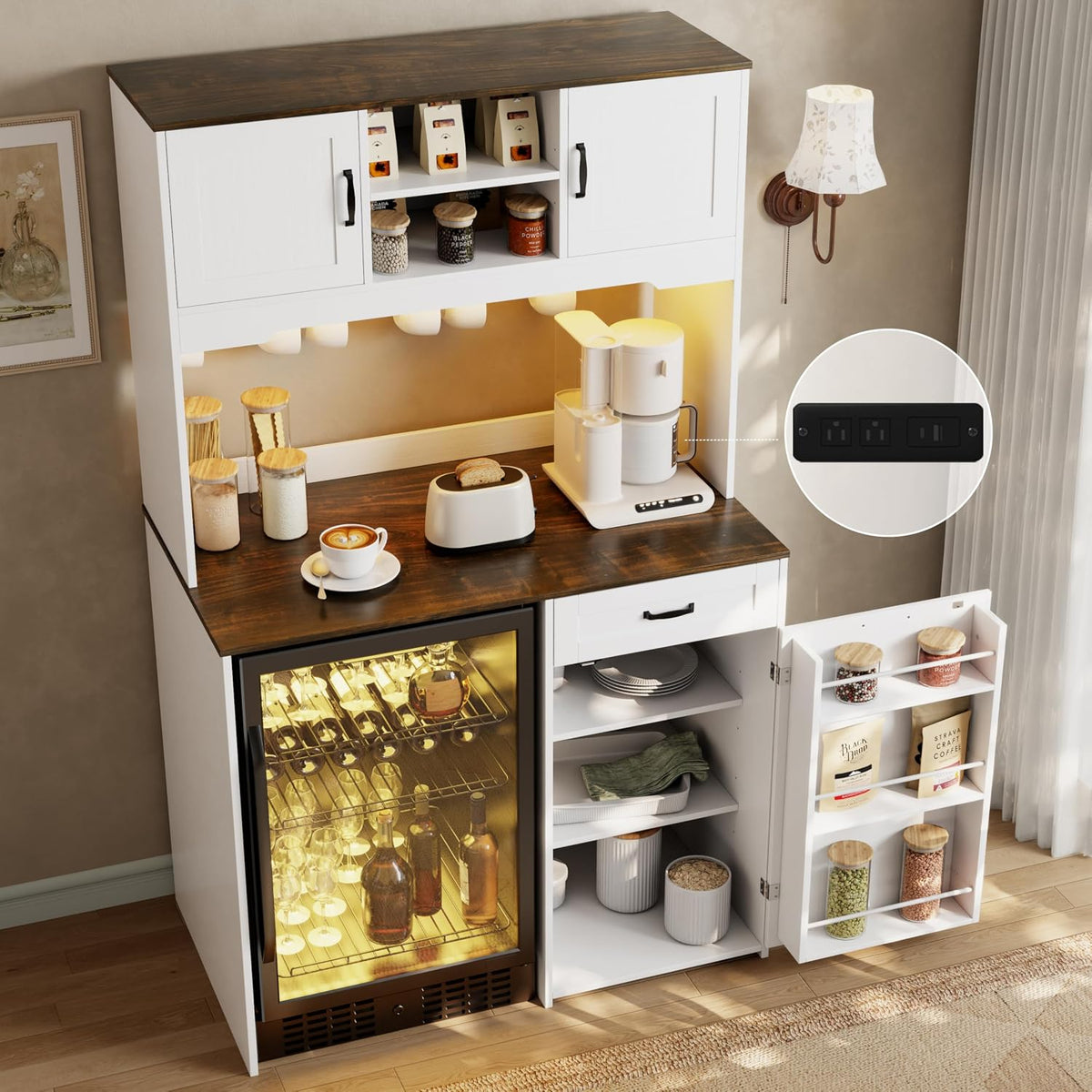 73'' Tall White Coffee Bar Cabinet with Fridge Space & Power Outlet & Led