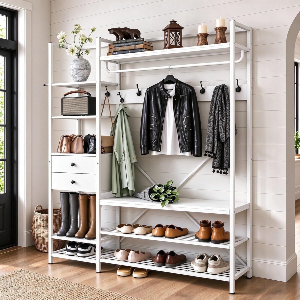 White Hall Tree with Bench and Shoe Storage, 55" Wide Entryway Coat Rack