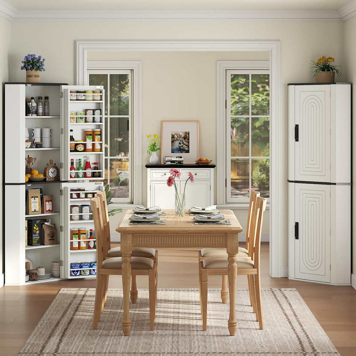 Corner Cabinet, Freestanding Kitchen Pantry Storage Cabinet, White Fluted
