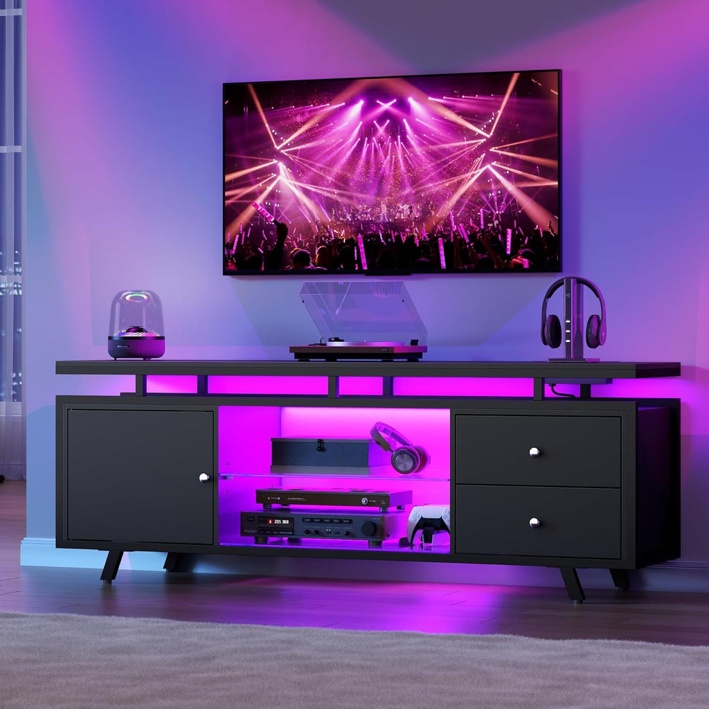 TV Stand for 65 Inch TV, LED Light Entertainment Center with Power Outlet and Storage Drawers & Cabinets, Modern Wood Media TV Console with Glass Shelves for Living Room Bedroom (Black)