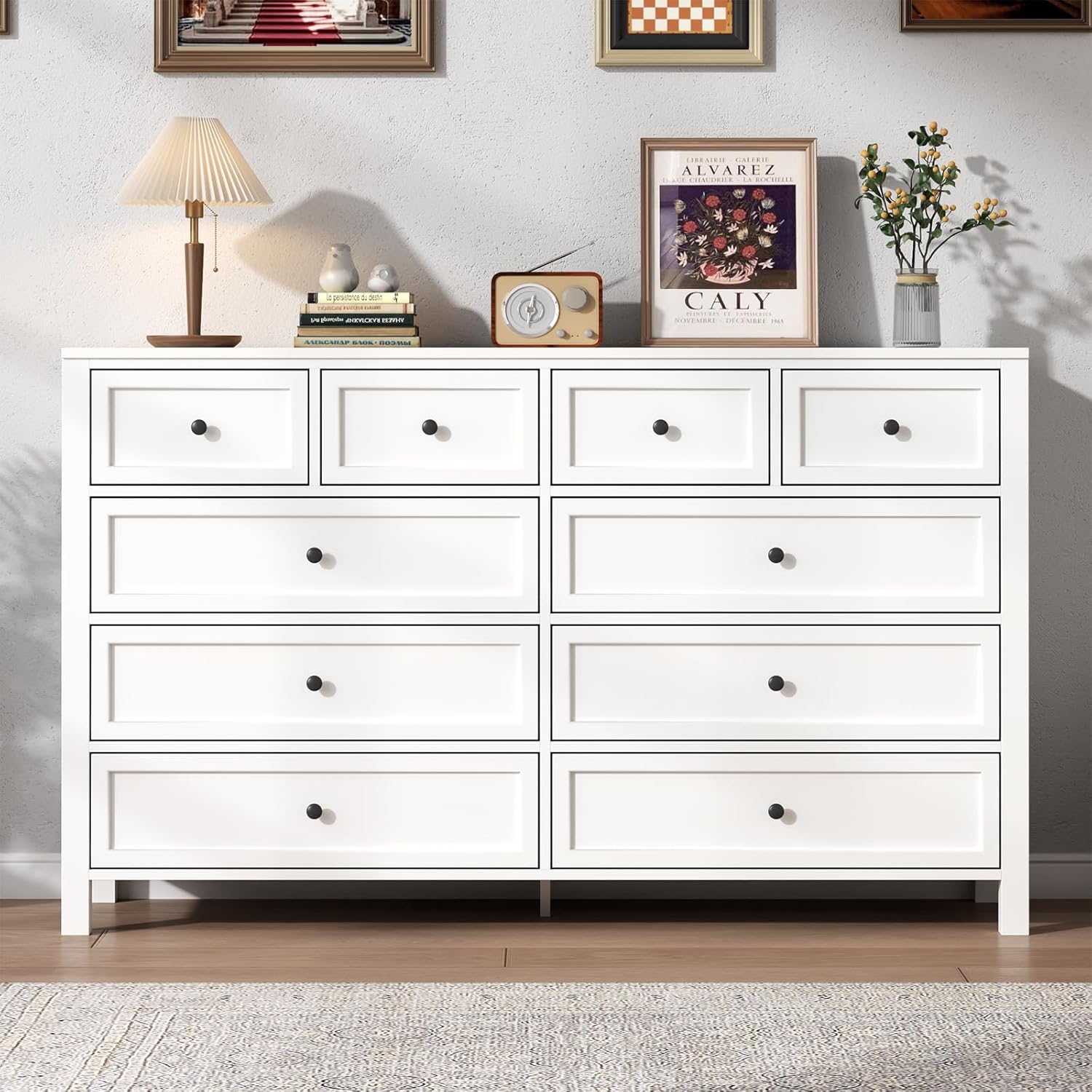 Farmhouse 10 Drawers Dresser for Bedroom, White Dresser Chest of Drawers, Wood Storage Dressers with Deep Drawers and Metal Handle, Wide Modern Dressers & TV Stand for Living Room, Closet, Hallway