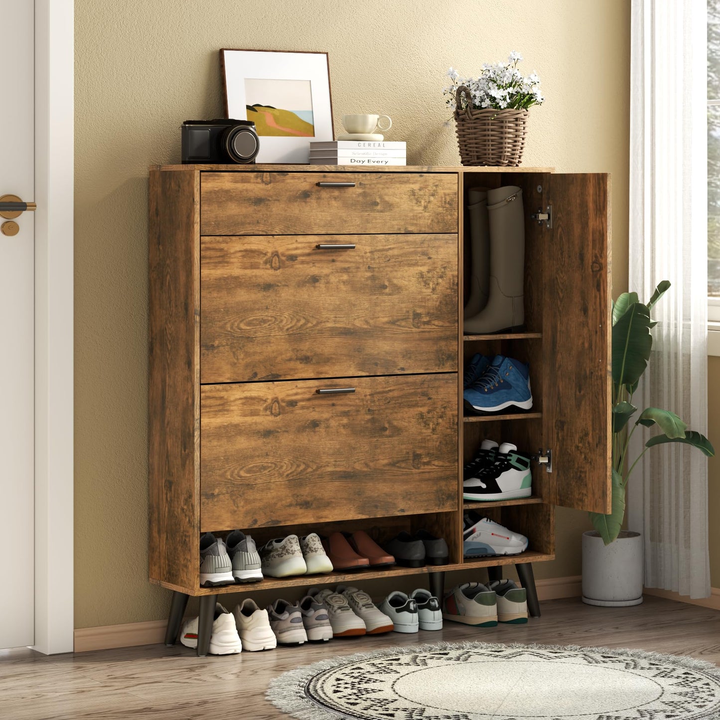 Shoe Cabinet with 3 Flip Drawers & Side Cabinet and Adjustable Shelves, Narrow Entryway Hidden Shoe Rack with Doors, Hallway Organizer (White)