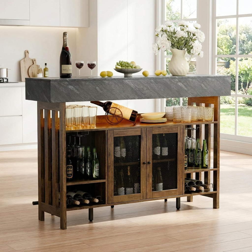 4-Tier Home Bar Unit, 63-Inch Wooden & Dark Gray Marble Bar Cabinet, LED Liquor Bars Station with Footrest, Wine Rack, Cabinet Door and 2 Drawers, Modern Bars Table with Storage for Home, Pub (Brown)