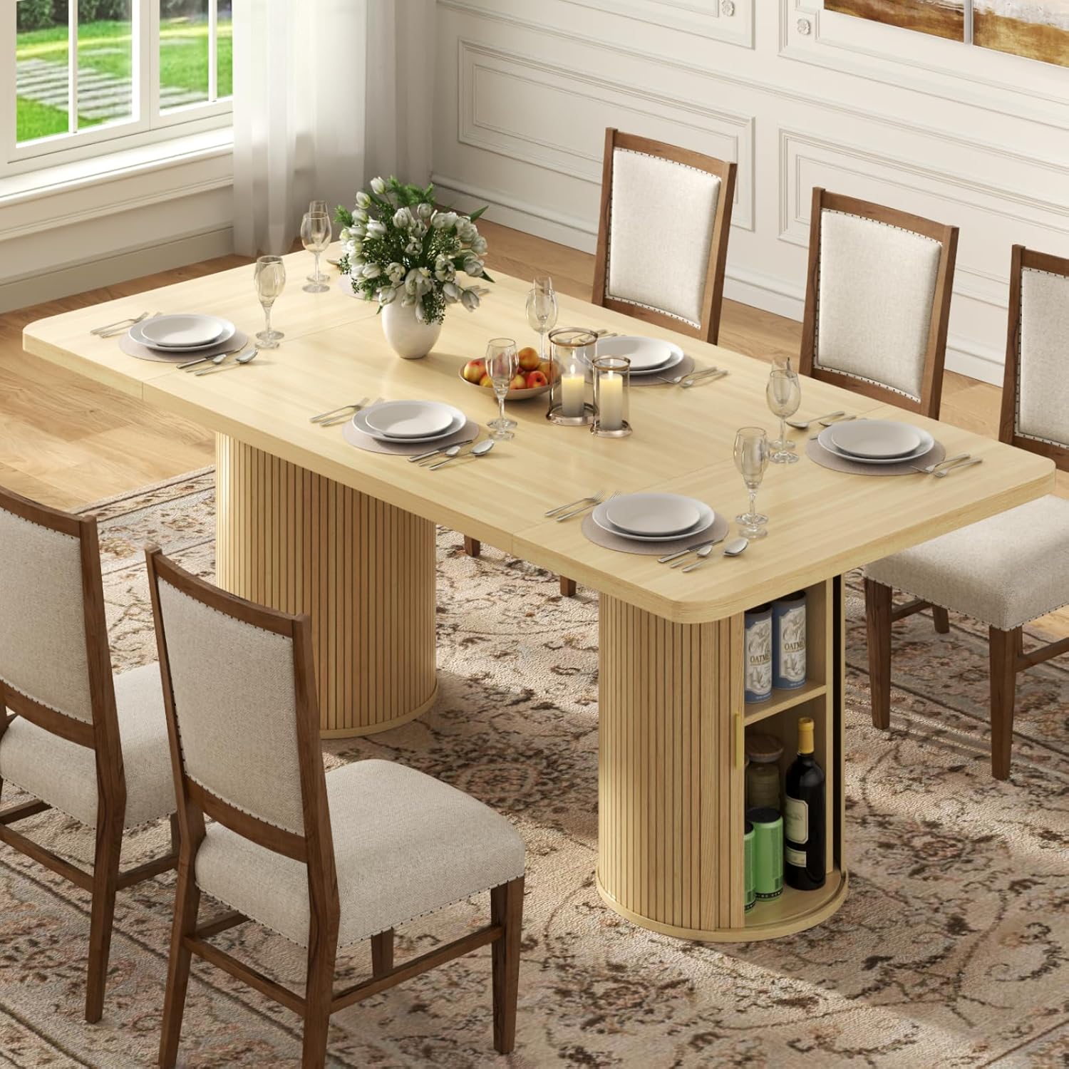 79" Dining Table for 8-10 People, Long Large Kitchen Table with 2-Tier Storage Shelf and Fluted Base, Modern Farmhouse Dinner Tables for Dining Room Kitchen,Living Room,Office (Natural)