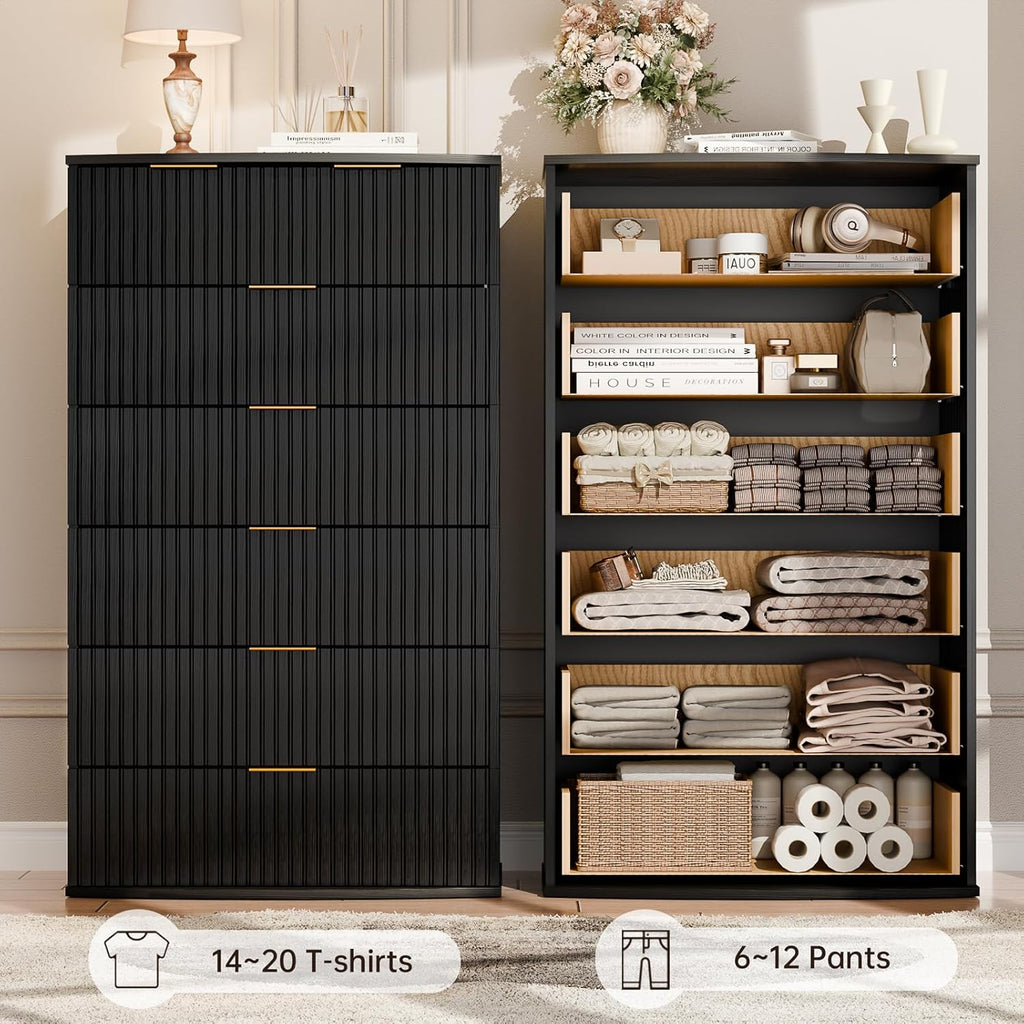 Tall Black Dresser with 6 Drawers, Fluted Chest of Drawers with Curved Tabletop, Black and Gold Vertical Dresser with Metal Handle, Modern Storage Wooden Dressers for Bedroom, Living Room (Black)