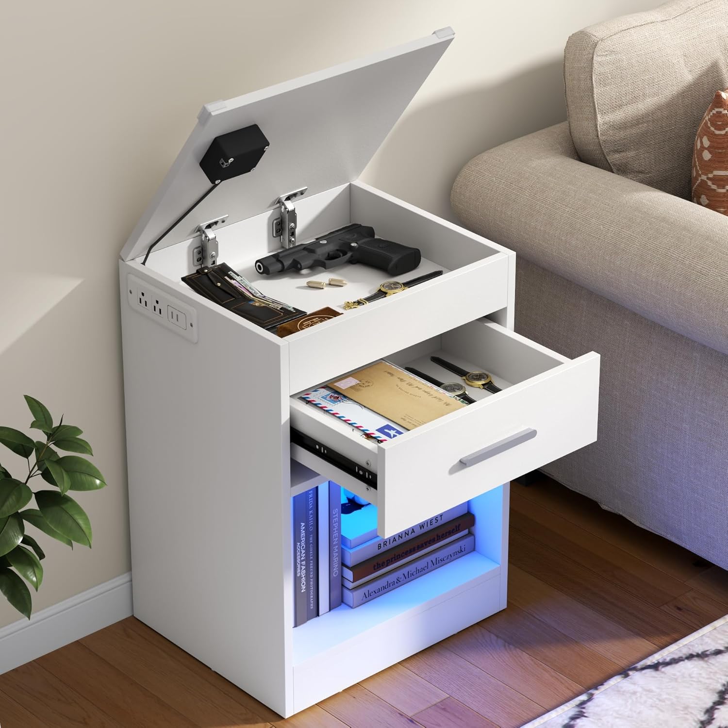 White Nightstand Set of 2 with Charging Station & RFID Lock Cabinet, Hidden Night Stand with LED Lights, Modern Bedside Table with Drawer & Valuables Storage, Secret Concealment Nightstand for Bedroom