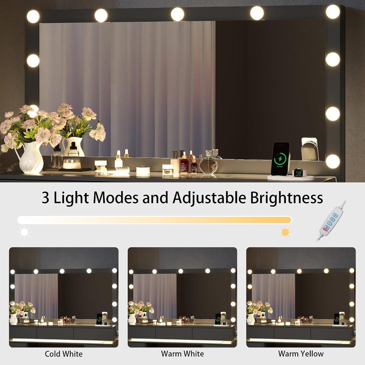 47" Vanity Desk with Lighted Mirror, Black Makeup Table with Glass Top