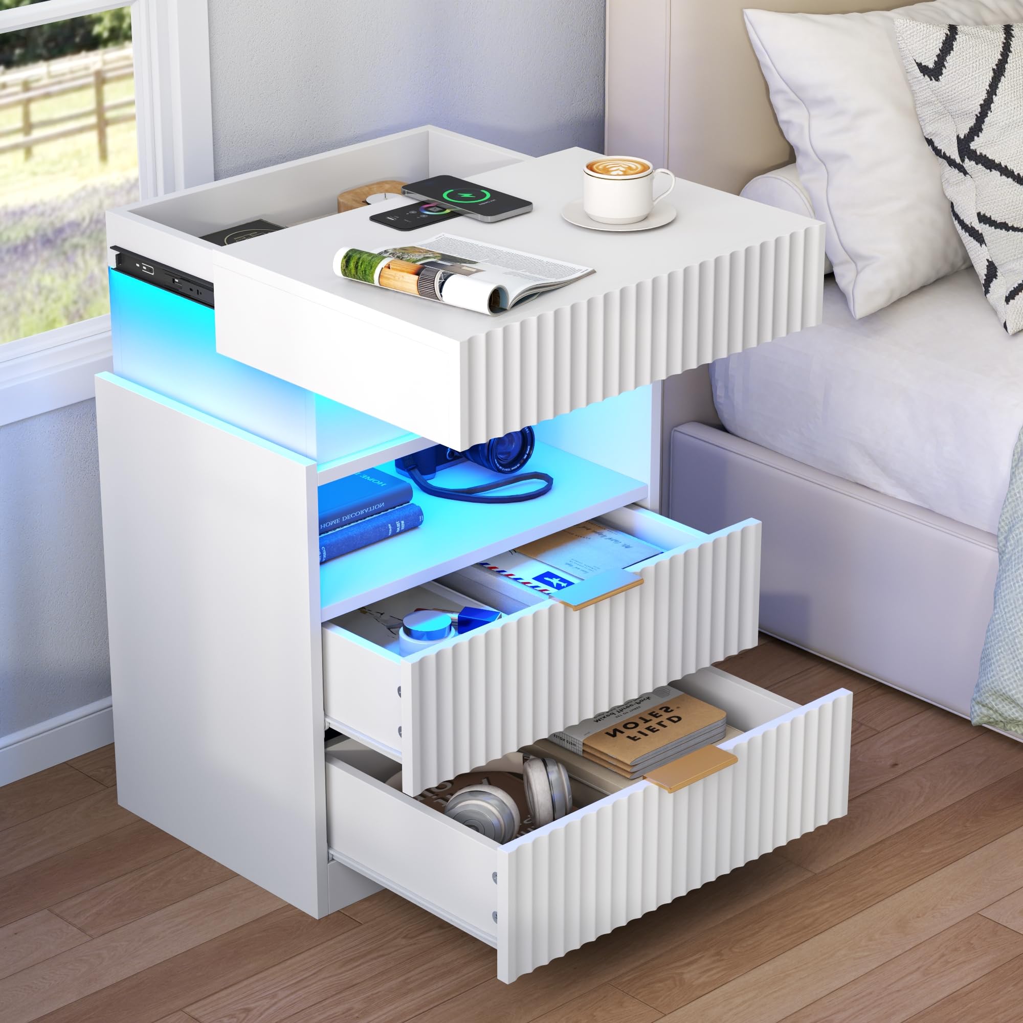 Nightstand Set of 2 with Charging Station and LED Lights, Fluted Night Stand with 2 Drawers &Open Shelf,Modern Bedside Table w/Hidden Compartment for Bedroom,End Side Table for Living Room (2, Black)