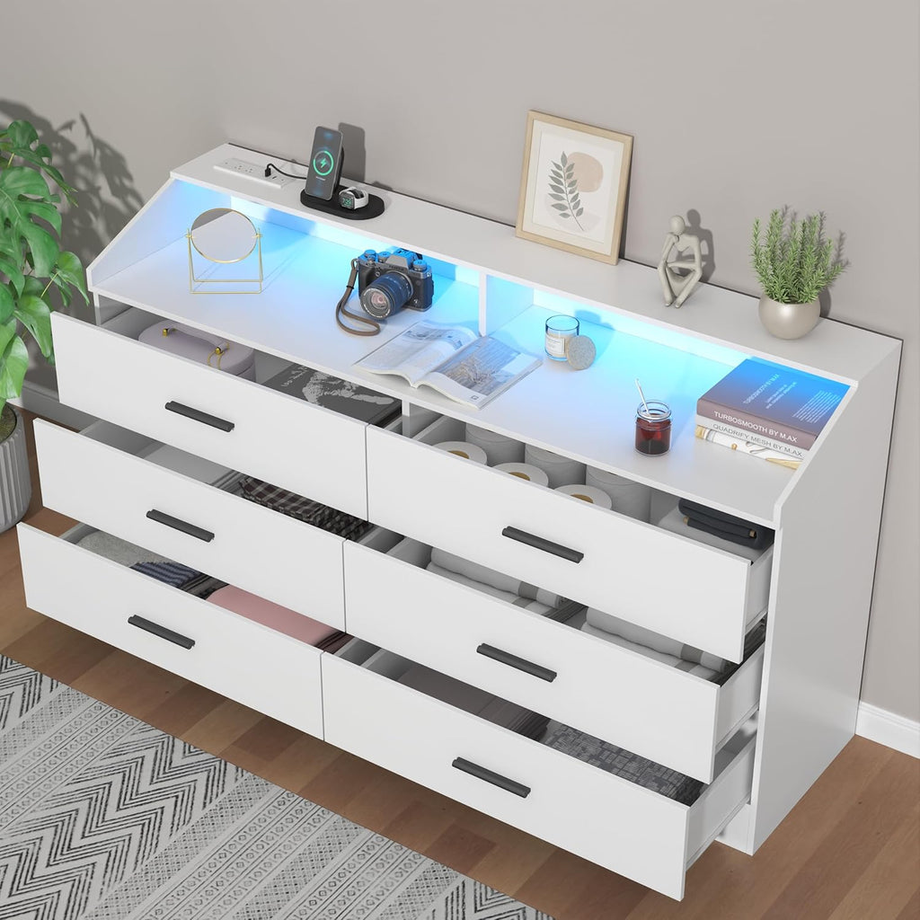 White Dresser for Bedroom, 6 Drawer Dresser with Charging Station, Chests of Drawers with LED Lights, Modern Double Dresser, Storage Cabinet with Drawers for Living Room, Hallway
