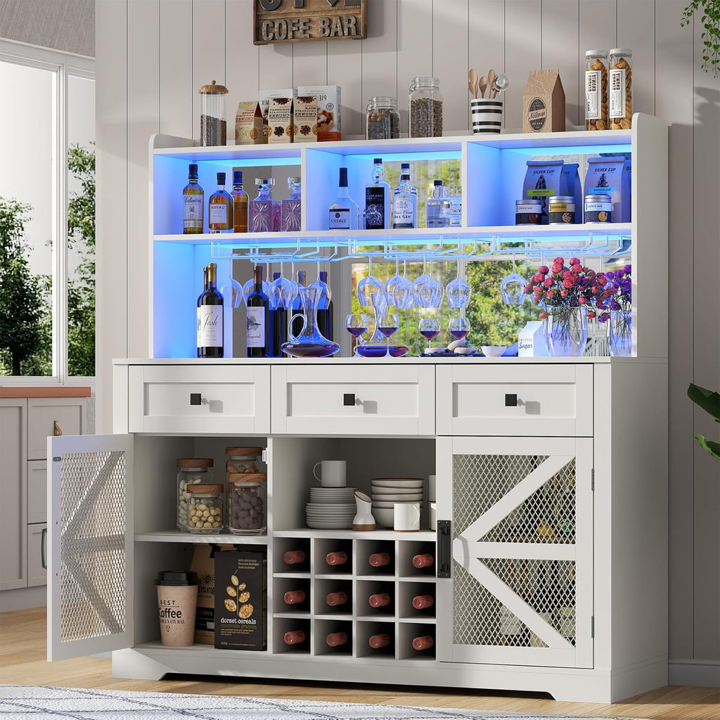 Farmhouse Wine Bar Cabinet with LED Lights, Kitchen Coffee Bar Cabinet with Acrylic Mirror, Wine & Glass Rack, Storage Shelves and 3 Drawers (2-Tier Hutch)
