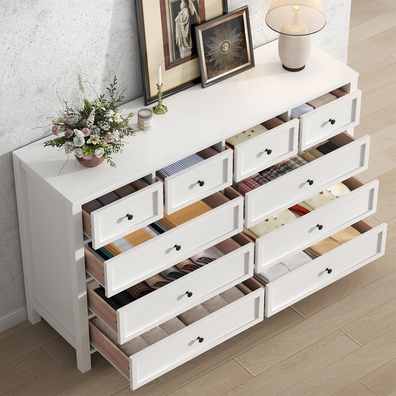 Farmhouse 10 Drawers Dresser for Bedroom, White Dresser Chest of Drawers, Wood Storage Dressers with Deep Drawers and Metal Handle, Wide Modern Dressers & TV Stand for Living Room, Closet, Hallway