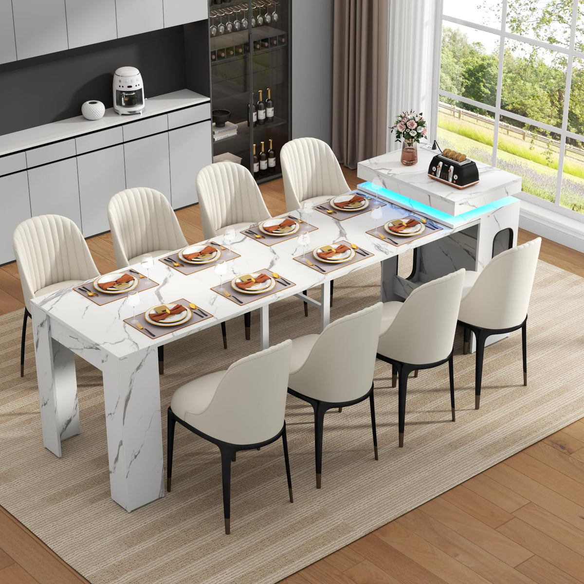Extendable Dining Table with Charging Station, Convertible Folding Console Table for 6-8 People, Space-Saving Dining Table with LED Lights, Wood Rectangle Kitchen Table for Homes, Walnut (No Chairs)