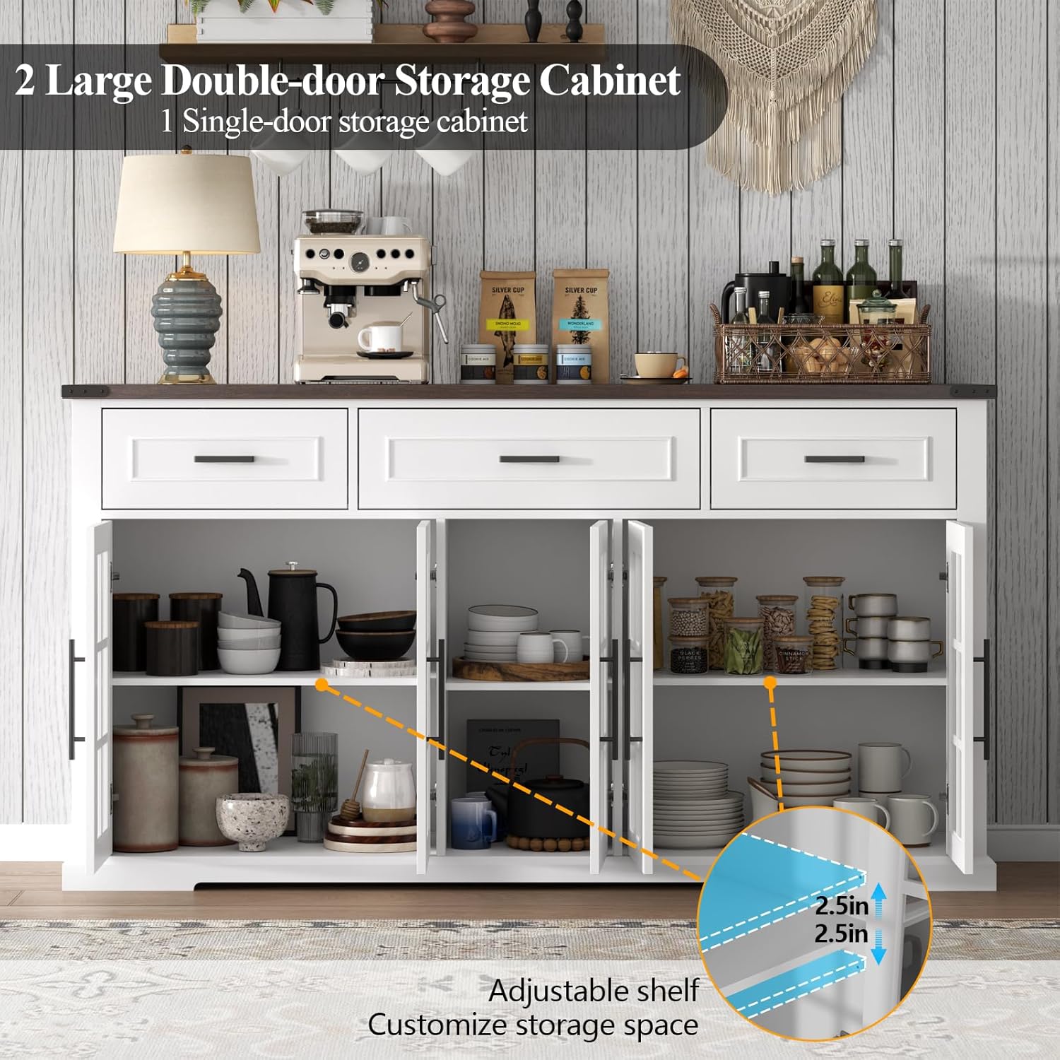 63" Large Buffet Sideboard Cabinet with Storage, Farmhouse Buffet Table with 3 Drawers & 5 Glass Doors, Modern Coffee Bar Wine Bar Cabinet with Adjustable Shelves for Kitchen, Dining Room, White