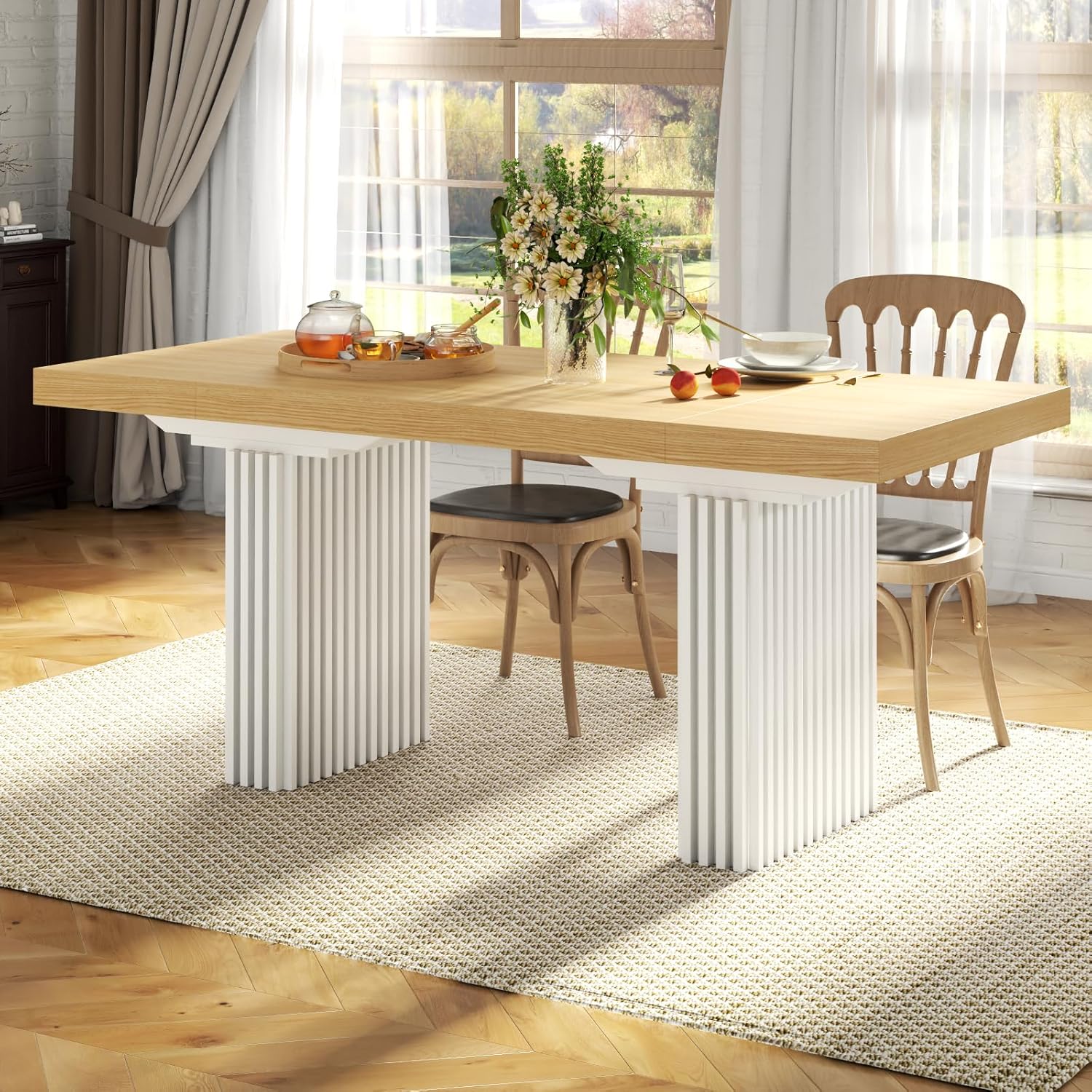 71" Large Dining Table for 6-8,Wood Dining Room Tables with Strip Base,Modern Rectangle Kitchen Table with Heavy Duty Legs for Kitchen, Dining Room (Natural)