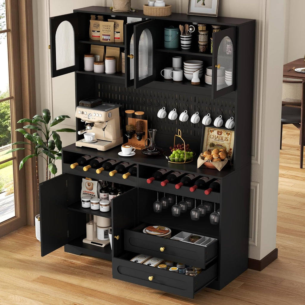 71'' Tall Kitchen Pantry Storage Cabinet, Large Black Pantry Cabinet with Wine & Glass Rack, 47'' Extra Wide LED Pantries with DIY Pegboard & Drawers & Doors, Modern Kitchen Hutch with Countertop