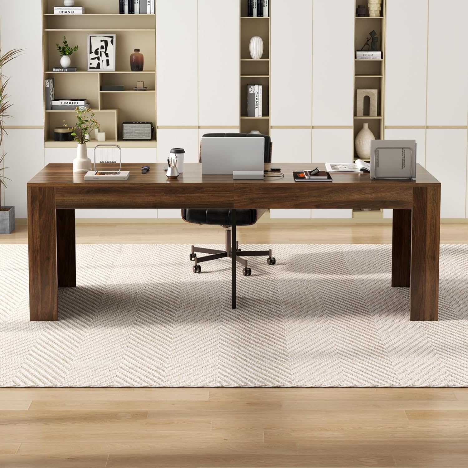 78.74" Executive Desk, Large Office Desk with 2 Drawer, Farmhouse Wooden Computer Desk Writing Table Conference Workstation Table for Office, Study, Dark Brown