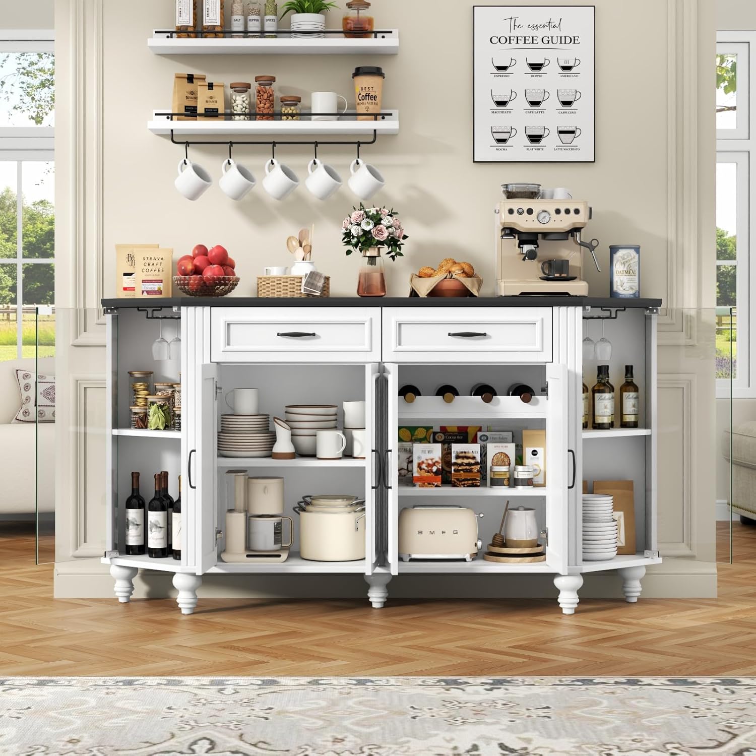 Buffet Cabinet with Storage, Farmhouse Kitchen Sideboard Cabinet with Solid Wood Legs Coffee Bar Storage with Glass Door Side Shelves for Kitchen, Dining Room, Entryway