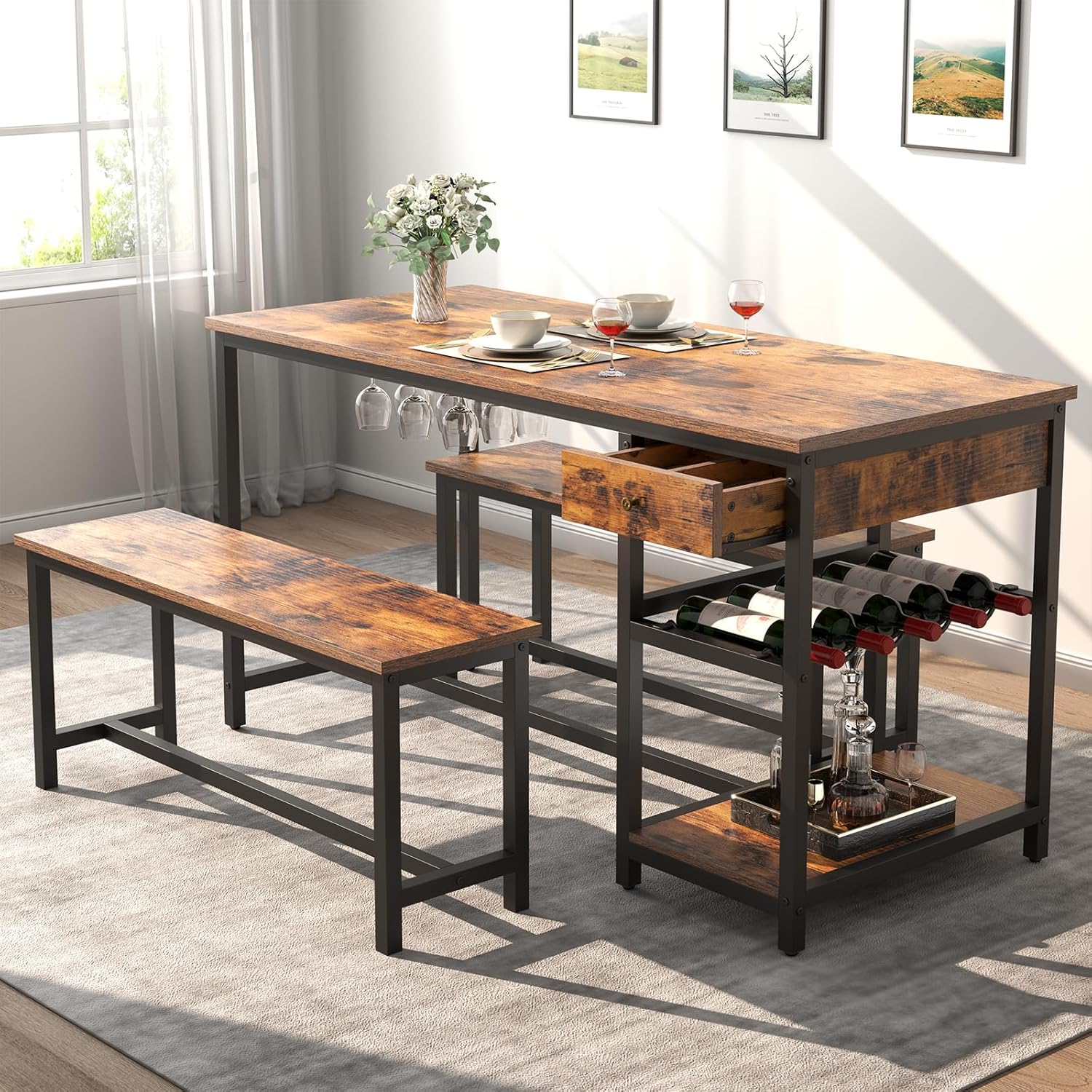 Dining Table Set for 4-6 People, 54.7" Kitchen Dinner Table with 2 Bench, Dining Room Tables Set with Storage Drawer & Shelf, 3-Piece Breakfast Nook Tables with Wine Rack &Glass Holder (Rustic)