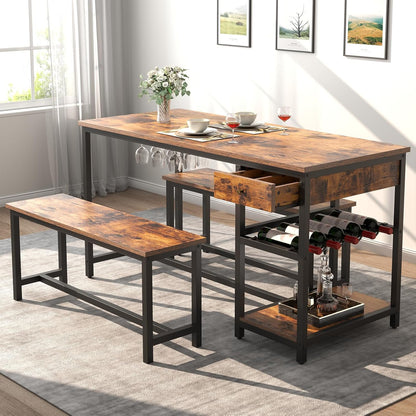 Dining Table Set for 4-6 People, 54.7" Kitchen Dinner Table with 2 Bench, Dining Room Tables Set with Storage Drawer & Shelf, 3-Piece Breakfast Nook Tables with Wine Rack &Glass Holder (Rustic)