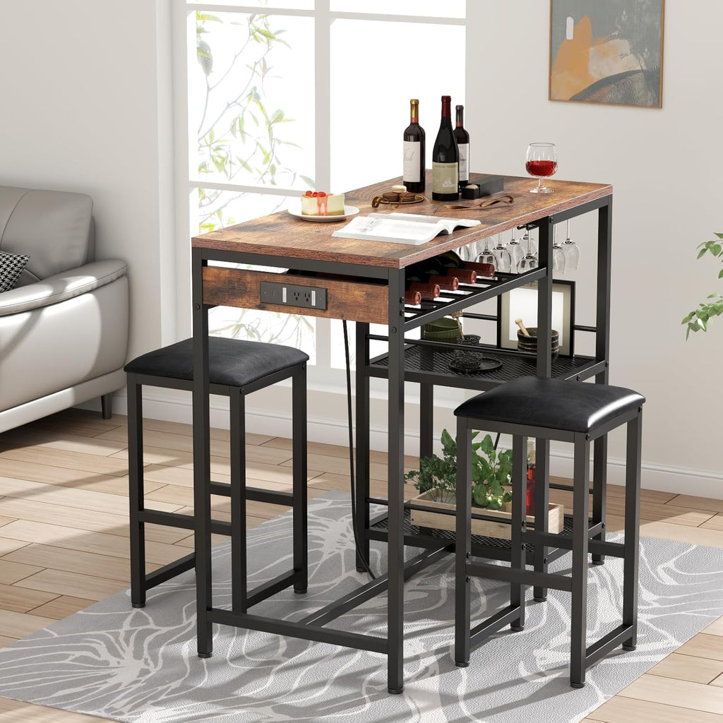 Bar Table and Chairs Set with Power Outlet, Pub Table and Chairs Set for 2 with 2 Storage Shelves, 3 Piece Table Set with Wine Rack&Glass Holder for Living Room,Dining Room,Small Apt (Rustic)