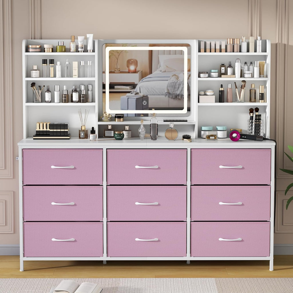 9 Drawers Dresser with LED Mirror for Bedroom, 59" W Chest of Drawers