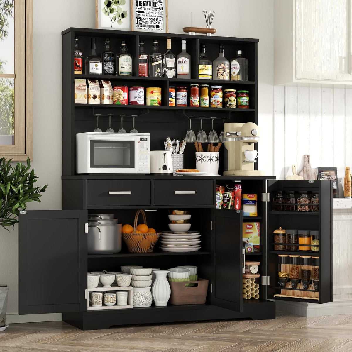 Tall Pantry Cabinet with Darwers, Modern Kitchen Hutch with Microwave Stand