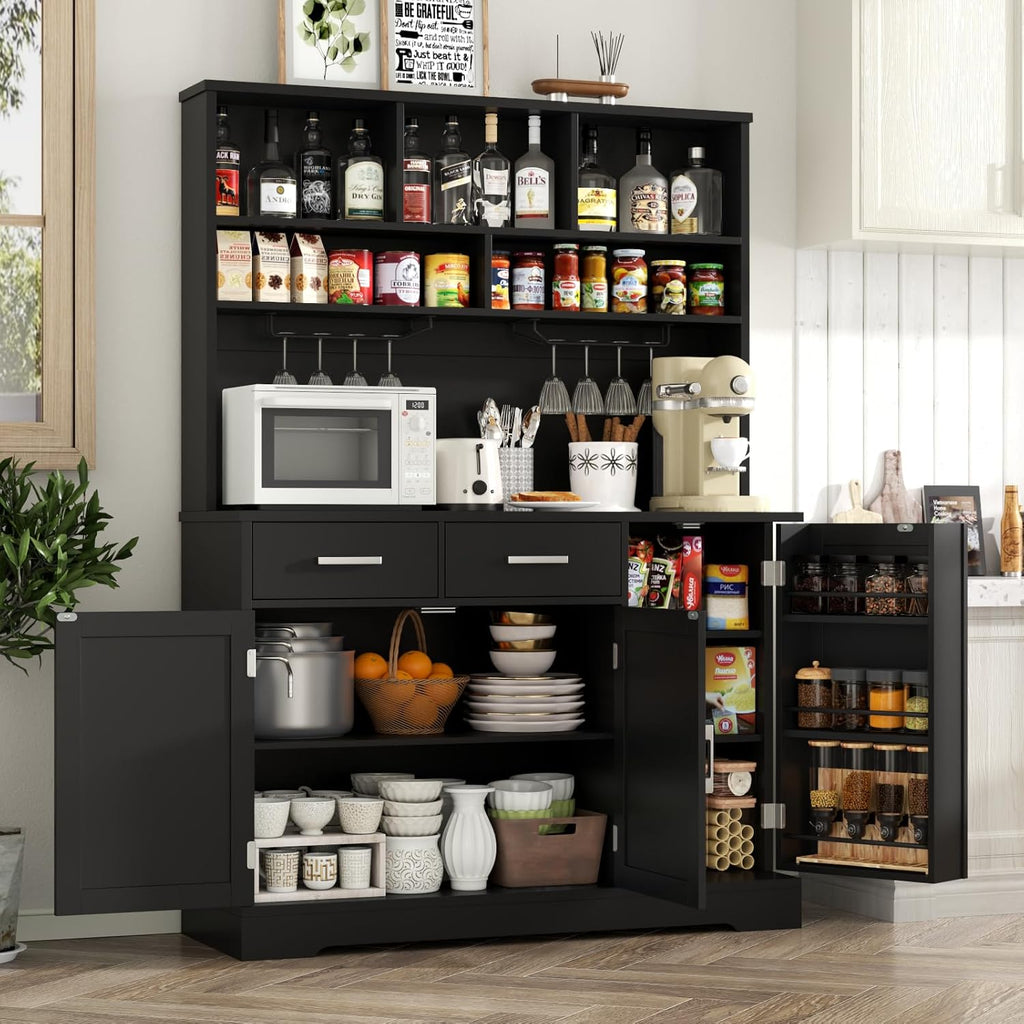 Tall Pantry Cabinet with Darwers, Modern Kitchen Hutch with Microwave Stand