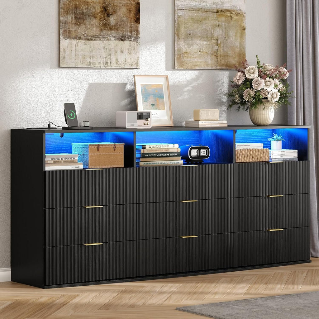 9-Drawer Dresser with 3 Open Cubbies,LED & Power Outlet for Bedroom
