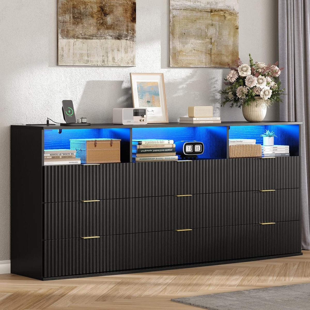 9-Drawer Dresser with 3 Open Cubbies,LED & Power Outlet for Bedroom