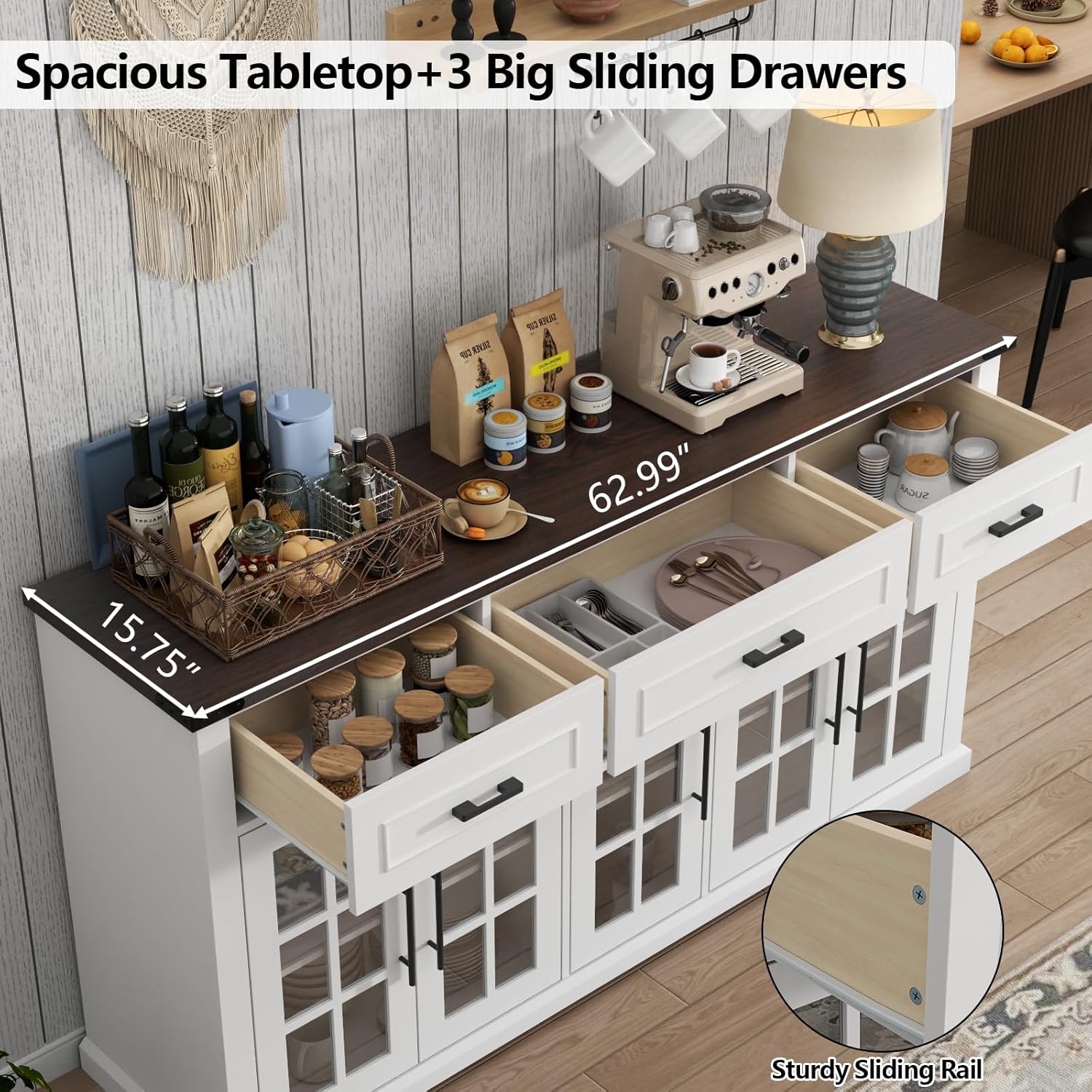 63" Sideboard Buffet Cabinet with Glass Doors, Farmhouse Large Buffet Table with 3 Storage Drawers, Modern Coffee Bar Wine Bar Cabinet with Adjustable Shelves for Kitchen, Dining Room, White