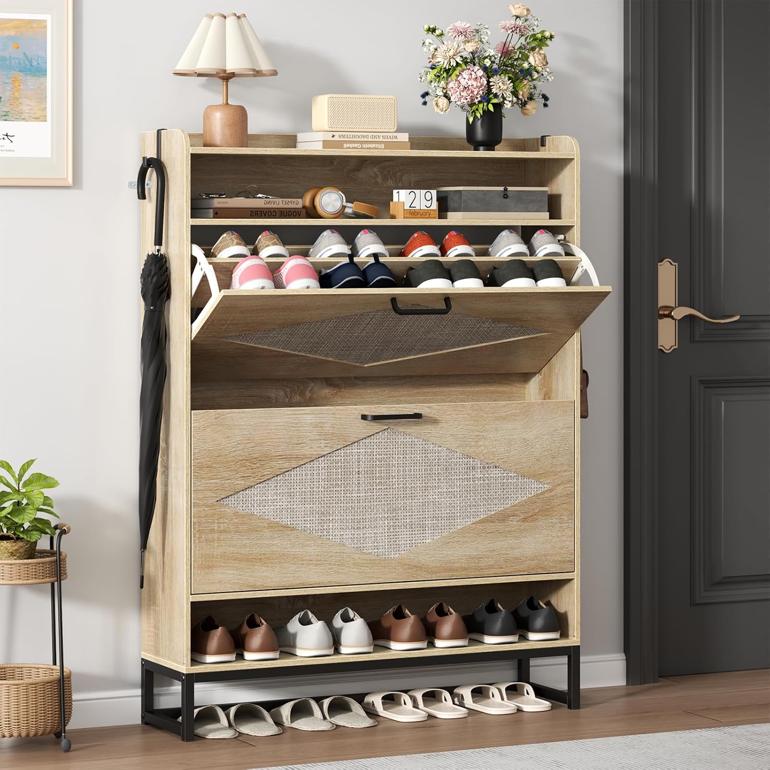 Shoe Cabinet with 2 Flip Drawers, Free Standing Shoe Storage Organizer Cabinet with Rattan Doors for Entryway, Narrow Shoe Rack Cabinet (Natural)