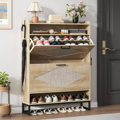 Shoe Cabinet with 2 Flip Drawers, Free Standing Shoe Storage Organizer Cabinet with Rattan Doors for Entryway, Narrow Shoe Rack Cabinet (Natural)