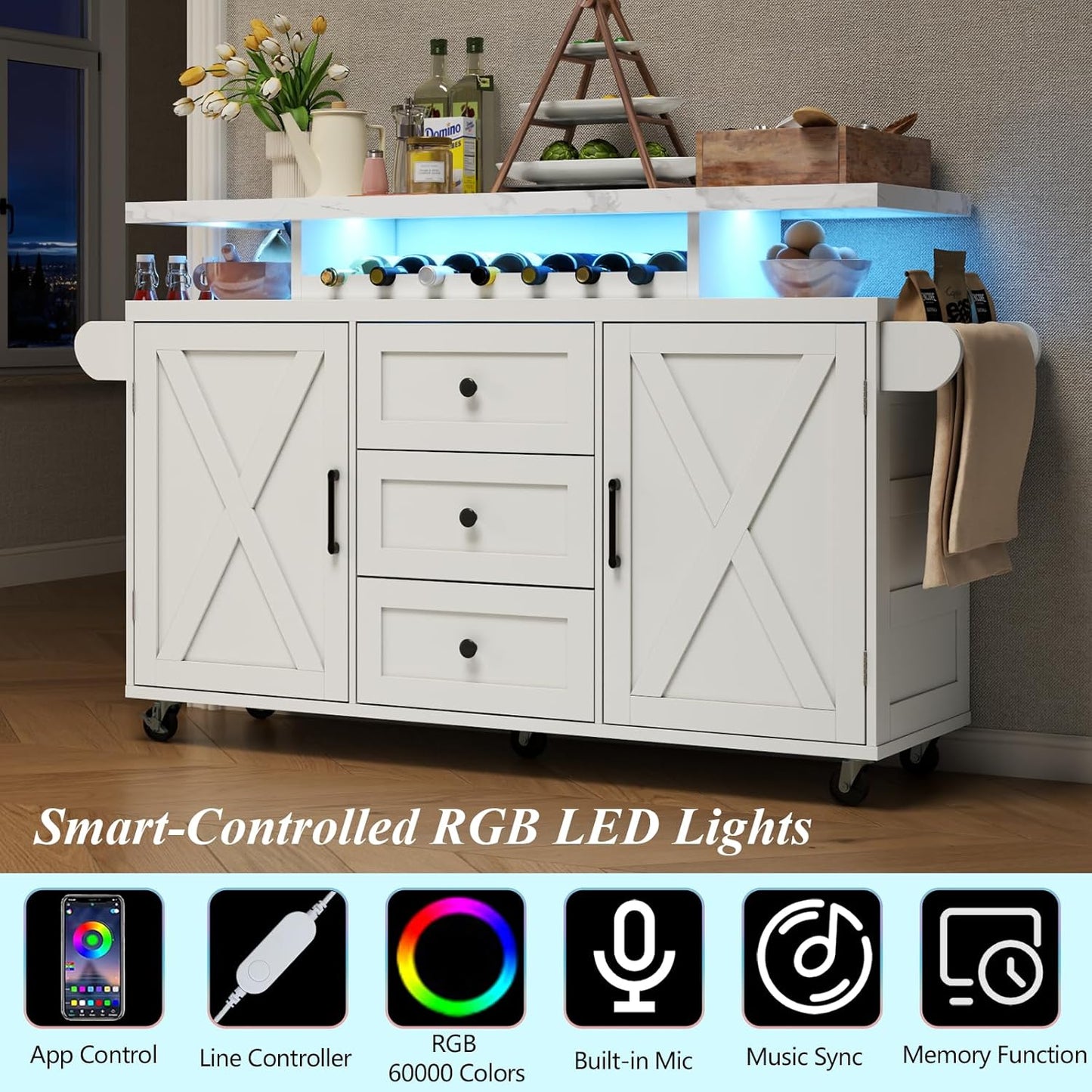 Rolling Kitchen Island Cart with Storage, Kitchen Island on Wheels with LED Lights & 3 Drawers, Side Table with Spice Rack & Towel Rack, Large Mobile Islands Table for Dining Room, White